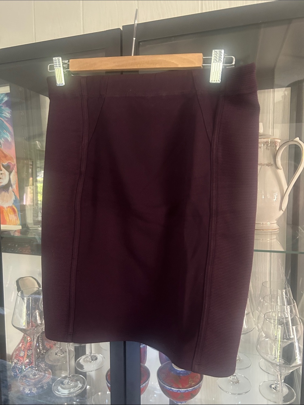 BCBGMaxAzria Burgundy Rib-Panel Pencil Skirt